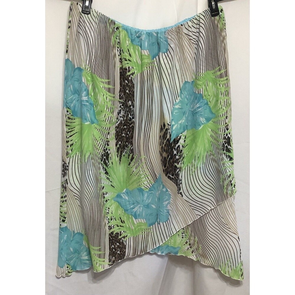 Russell Kemp midi chiffon skirt 3X Brown Green floral Layered tropical 42"W